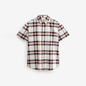 Ecru White/Navy Blue Stretch Oxford Check Short Sleeve Shirt