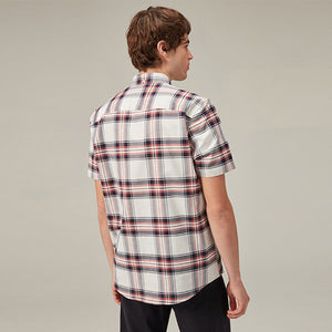 Ecru White/Navy Blue Stretch Oxford Check Short Sleeve Shirt