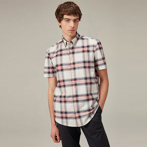 Ecru White/Navy Blue Stretch Oxford Check Short Sleeve Shirt