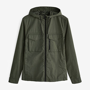 Khaki Green Shower Resistant Hooded Utility Jacket
