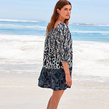 Load image into Gallery viewer, Blue/White Mix Print Off The Shoulder Square Neck Tiered Mini Dress
