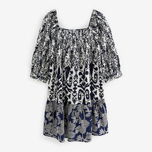 Load image into Gallery viewer, Blue/White Mix Print Off The Shoulder Square Neck Tiered Mini Dress
