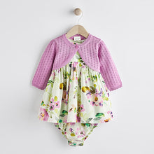 Load image into Gallery viewer, Lilac Purple Floral Baby Woven Prom Dress and Cardigan (0mths-18mths)
