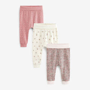 Pink Floral Roll Top Baby Leggings 3 Pack (0-18mths)