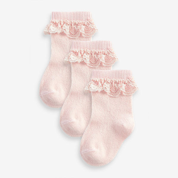 Pink 3 Pack Lace Trim Baby Socks (0mths-2yrs)