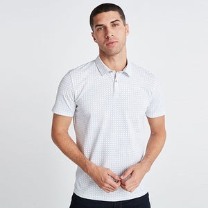 White Geo Print Polo Shirt