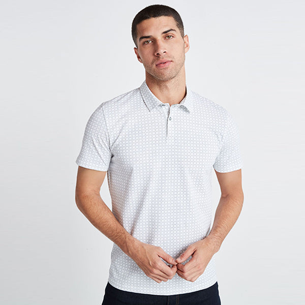 White Geo Print Polo Shirt