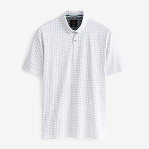 White Geo Print Polo Shirt