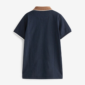 Tan Brown/ Navy Blue Vertical Stripe Short Sleeve Zip Neck Polo Shirt (3-9yrs)