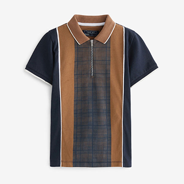 Tan Brown/ Navy Blue Vertical Stripe Short Sleeve Zip Neck Polo Shirt (3-9yrs)