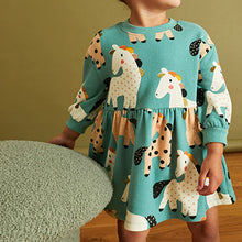 Load image into Gallery viewer, Teal Unicorn Printed Sweat Dress (3mths-6yrs)
