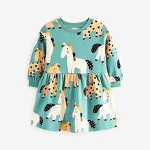 Load image into Gallery viewer, Teal Unicorn Printed Sweat Dress (3mths-6yrs)
