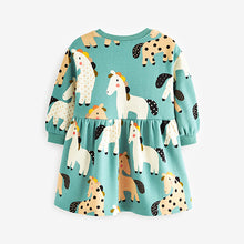 Load image into Gallery viewer, Teal Unicorn Printed Sweat Dress (3mths-6yrs)
