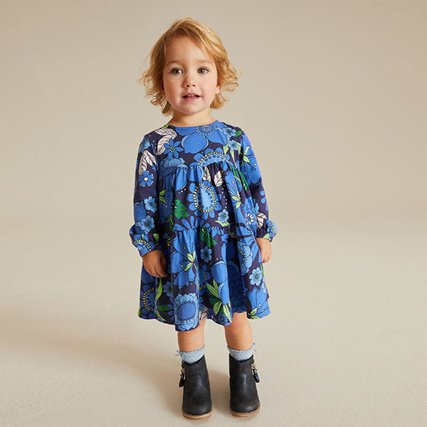 Blue Bright Floral Long Sleeve Jersey Dress (3mths-6yrs)