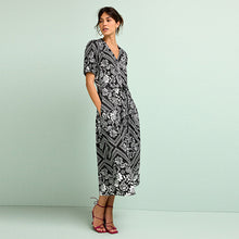 Load image into Gallery viewer, Black/White Linen Blend Button Down Midi Dress
