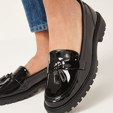 Load image into Gallery viewer, Black Patent Forever Comfort® Tassel Detail Cleated Chunky Loafer Shoes
