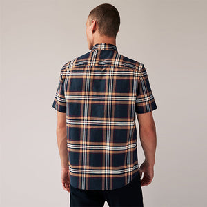 Navy Blue/Rust Orange Stretch Oxford Check Short Sleeve Shirt