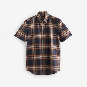 Navy Blue/Rust Orange Stretch Oxford Check Short Sleeve Shirt