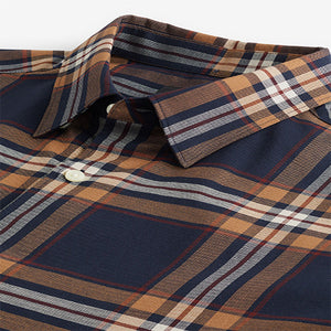 Navy Blue/Rust Orange Stretch Oxford Check Short Sleeve Shirt