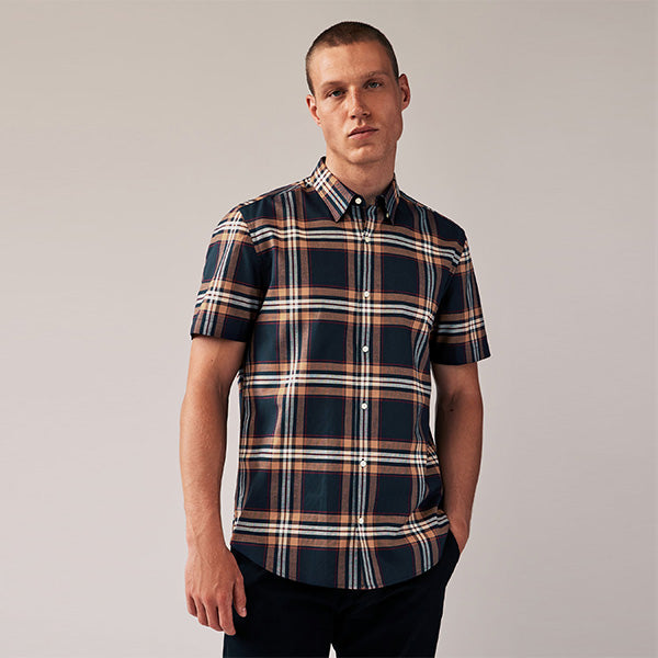 Navy Blue/Rust Orange Stretch Oxford Check Short Sleeve Shirt