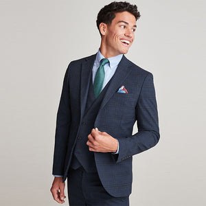 Navy Skinny Fit Check Suit Jacket