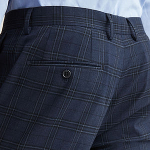Navy Blue Skinny Fit Check Suit: Trousers