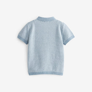 Blue Knitted Textured Short Sleeve Polo Shirt (3mths-6yrs)