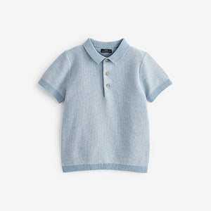 Blue Knitted Textured Short Sleeve Polo Shirt (3mths-6yrs)