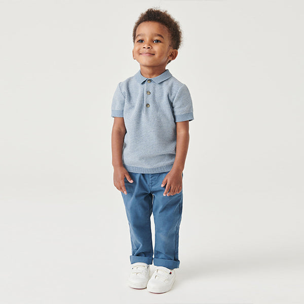 Blue Knitted Textured Short Sleeve Polo Shirt (3mths-6yrs)