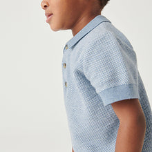 Load image into Gallery viewer, Blue Knitted Textured Short Sleeve Polo Shirt (3mths-6yrs)
