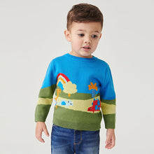 Load image into Gallery viewer, Blue Dinosaur Scene Character Jumper (3mths-5yrs)
