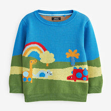 Load image into Gallery viewer, Blue Dinosaur Scene Character Jumper (3mths-5yrs)
