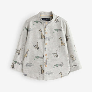 Grey Printed Long Sleeve Grandad Collar Shirt (3mths-6yrs)