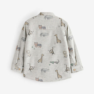 Grey Printed Long Sleeve Grandad Collar Shirt (3mths-6yrs)