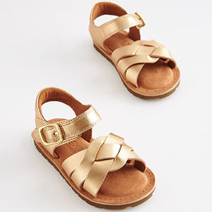 Gold Leather Leather Woven Ankle Strap Sandals (Younger Girls)