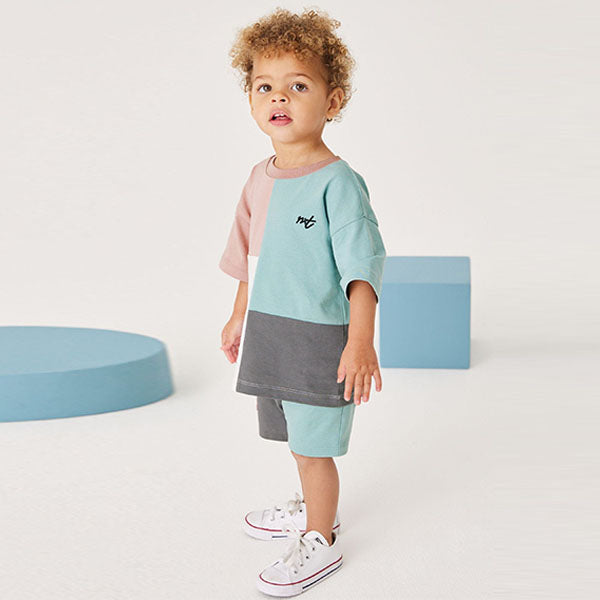 Blue/Pink Short Sleeves Colourblock T-Shirt and Shorts Set (3mths-6yrs)