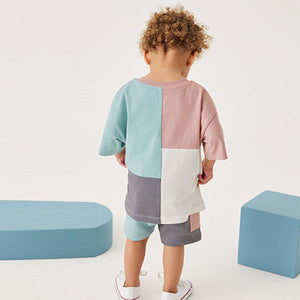 Blue/Pink Short Sleeves Colourblock T-Shirt and Shorts Set (3mths-6yrs)