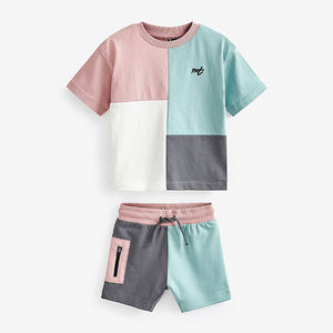 Blue/Pink Short Sleeves Colourblock T-Shirt and Shorts Set (3mths-6yrs)