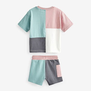 Blue/Pink Short Sleeves Colourblock T-Shirt and Shorts Set (3mths-6yrs)