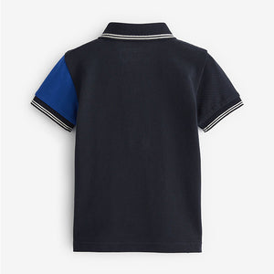 Blue Short Sleeves Pique Jersey Colourblock Polo Shirt (3mths-6yrs)