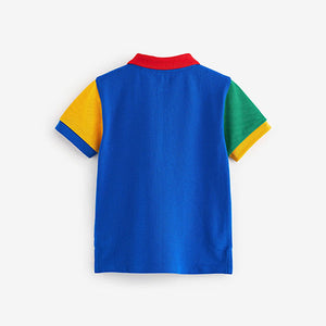 Cobalt Blue Short Sleeves Pique Jersey Colourblock Polo Shirt (3mths-6yrs)