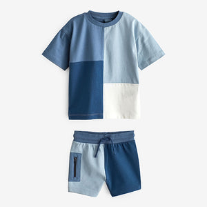 Blue Oversized Short Sleeves Colourblock T-Shirt and Shorts Set (3mths-6yrs)