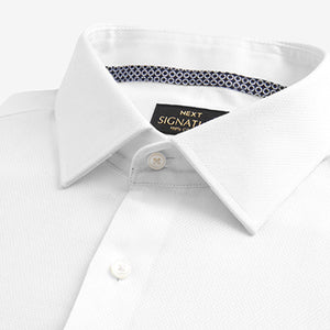 White Slim Fit Signature Premium 100% Cotton Textured Long Sleeve Single Cuff Shirt With Trim Detail