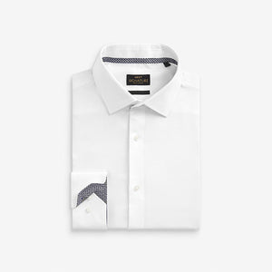 White Slim Fit Signature Premium 100% Cotton Textured Long Sleeve Single Cuff Shirt With Trim Detail