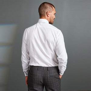 White Slim Fit Signature Premium 100% Cotton Textured Long Sleeve Single Cuff Shirt With Trim Detail