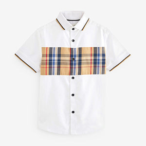 White  & Tan Brown Check Short Sleeve Colourblock Shirt (3-12yrs)