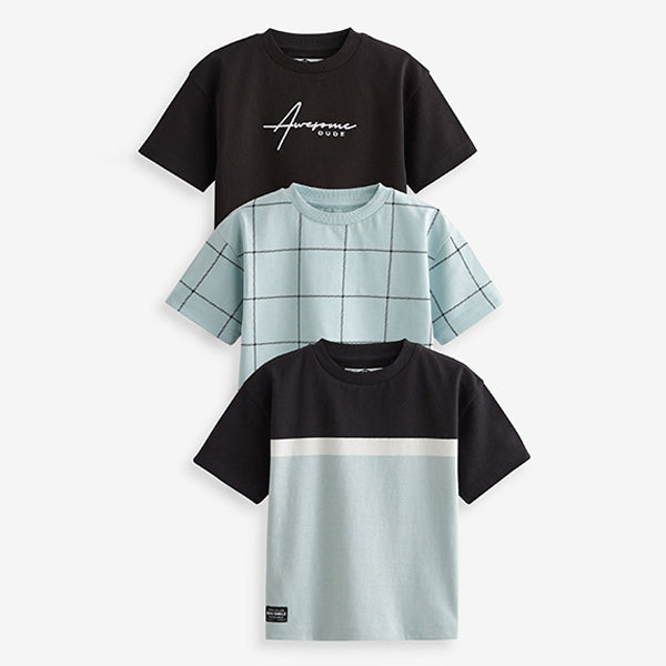 Blue/Black Colourblock Oversized Short Sleeve Character T-Shirts 3 Pack (3mths-6yrs)
