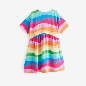 Pink/Blue/Purple/Green Rainbow Short Sleeve Jersey Dress (3-12yrs)
