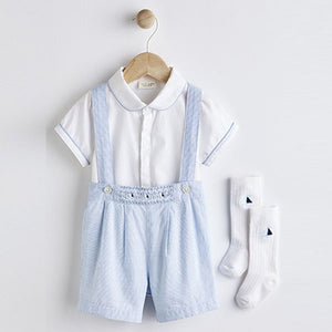 Pale Blue Three Piece Baby Smart Shirt, Shorts And Socks Set (0mths-18mths)