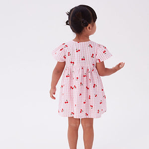 Pink Cherry Fruit Print Cotton Gingham Dress (3mths-6yrs)